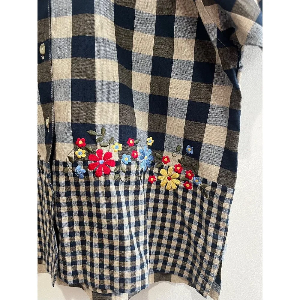 VTG 90s Maggie & Max Button Up Shirt Womens S  Navy Buffalo Plaid Embroidered - Picture 2 of 7